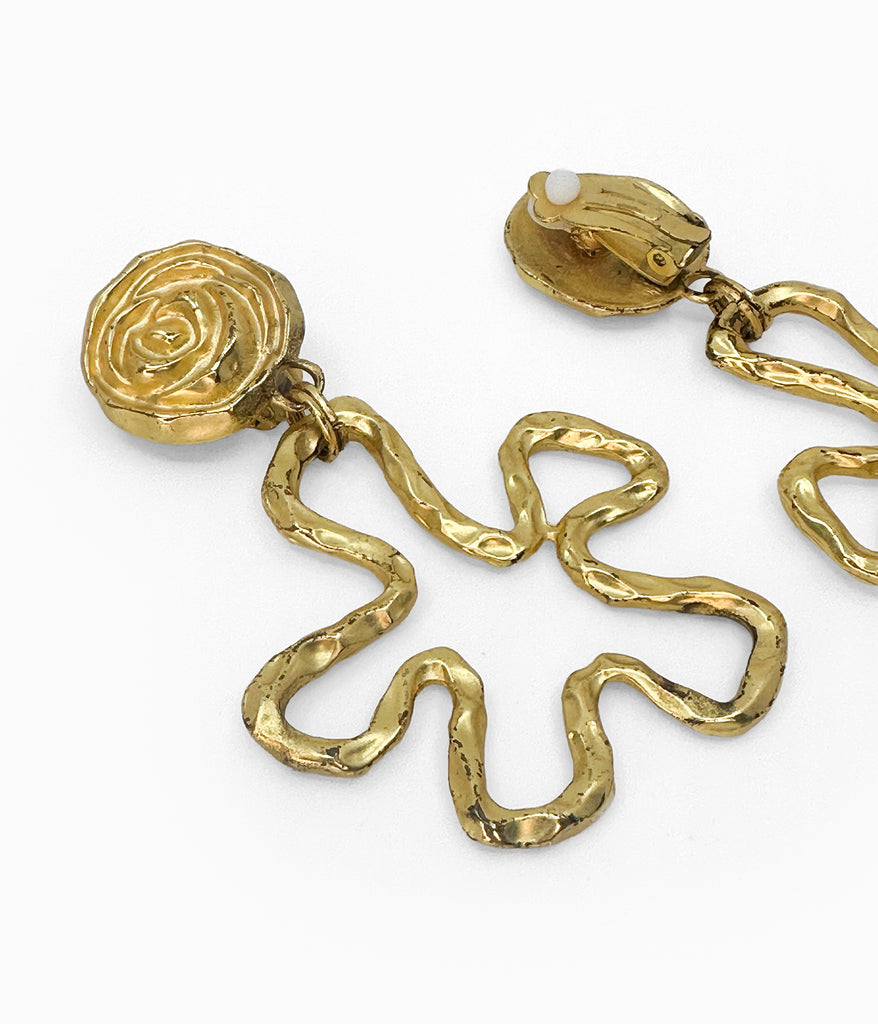 Vintage 1990's Gold Tone Squiggle Flower Earrings
