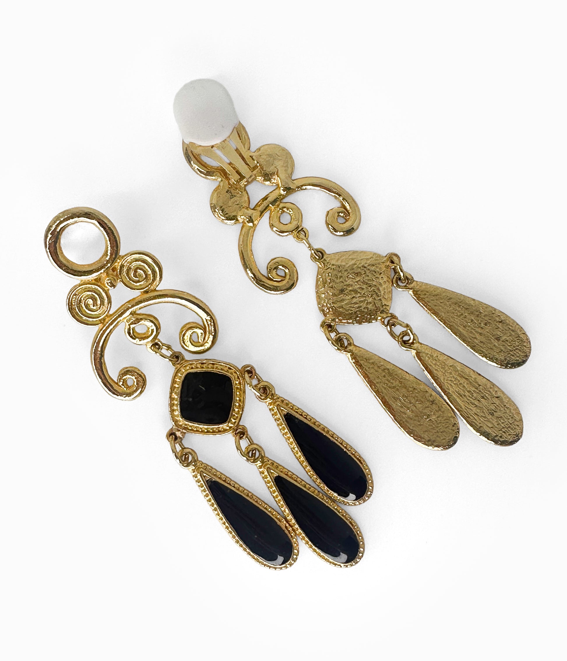 Vintage 1990's Long Gold Tone With Black Enamel Chandelier Earrings (NOS)