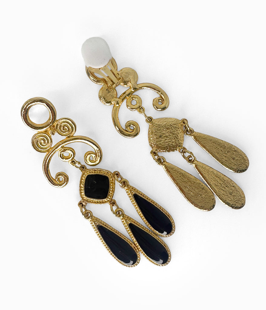 Vintage 1990's Long Gold Tone With Black Enamel Chandelier Earrings (NOS)