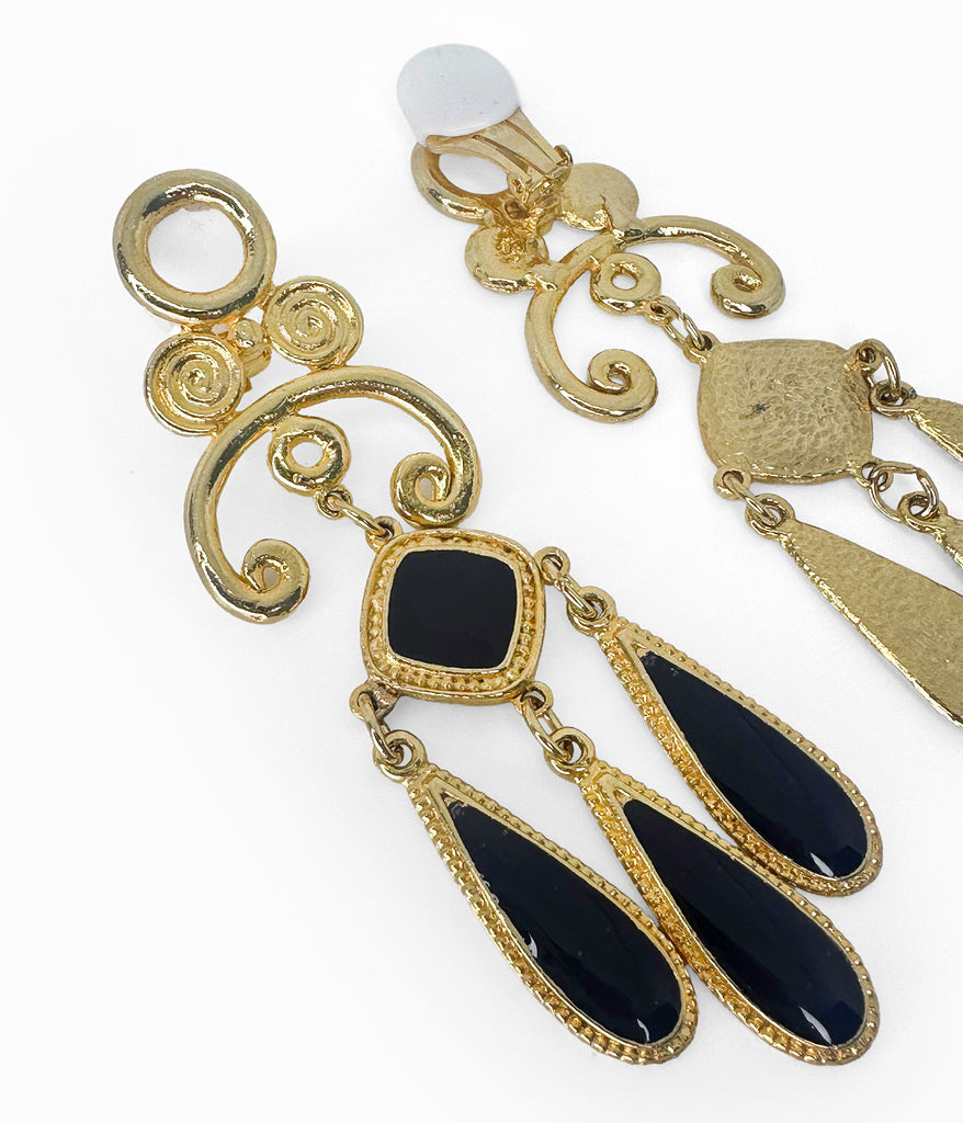Vintage 1990's Long Gold Tone With Black Enamel Chandelier Earrings (NOS)