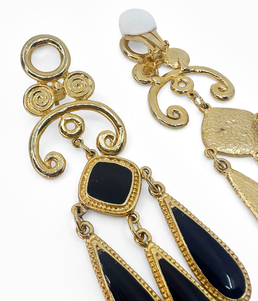 Vintage 1990's Long Gold Tone With Black Enamel Chandelier Earrings (NOS)