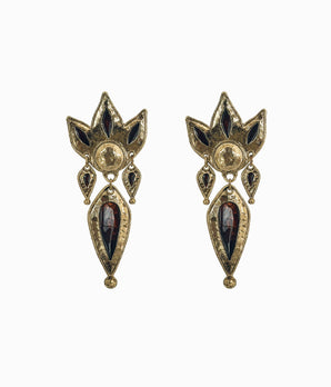 Vintage 1980's Crown Brass Earrings With Brown Enamel