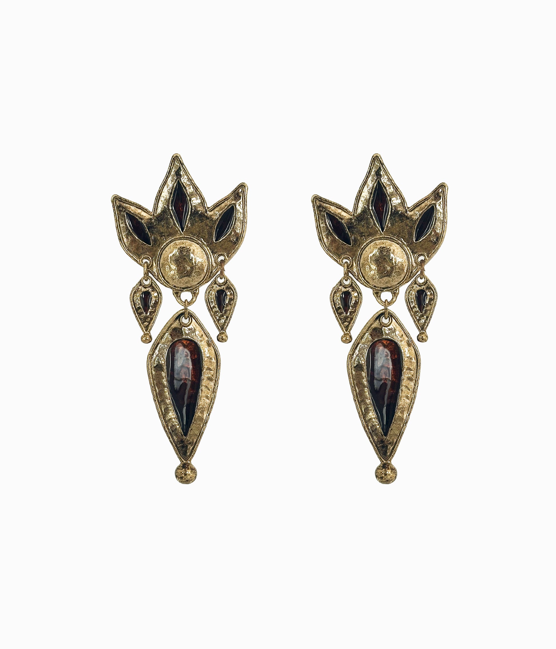 Vintage 1980's Crown Brass Earrings With Brown Enamel