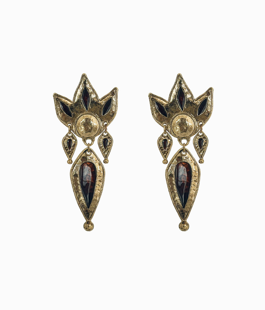 Vintage 1980's Crown Brass Earrings With Brown Enamel
