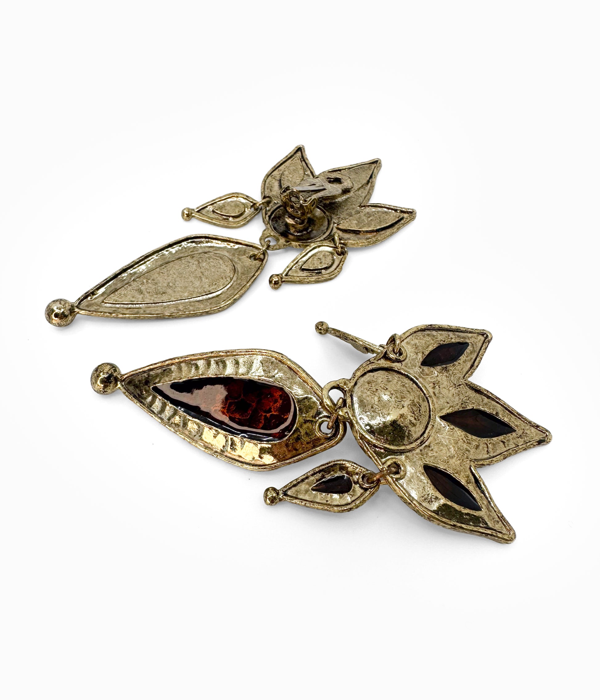 Vintage 1980's Crown Brass Earrings With Brown Enamel