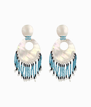 Vintage 1980's Mother Of Pearl Boho Earrings With Blue Bead Tassles