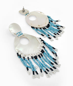 Vintage 1980's Mother Of Pearl Boho Earrings With Blue Bead Tassles