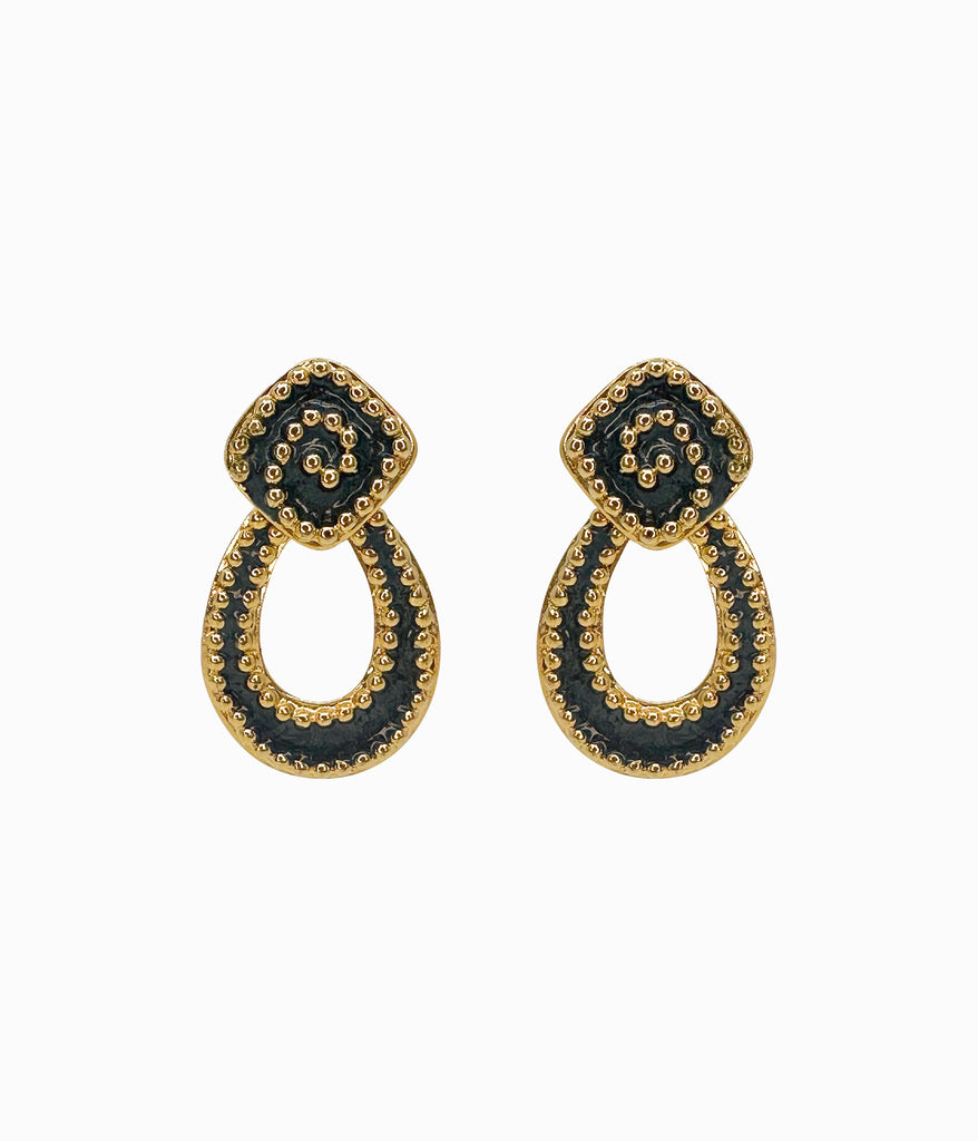 Vintage 1990's Gold Tone Dotted Earrings With Teal Enamel