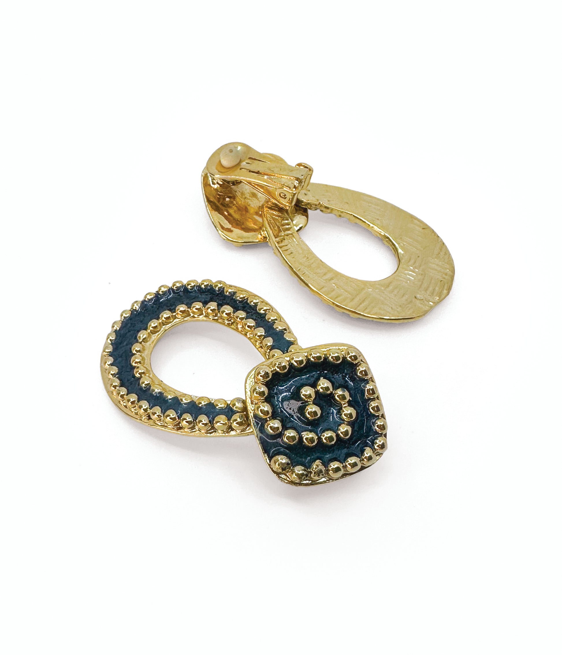 Vintage 1990's Gold Tone Dotted Earrings With Teal Enamel