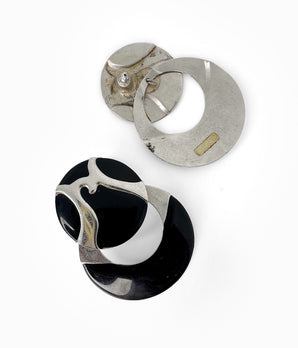 Vintage 90's Silver Tone & Black Enamel Doorknocker Earrings