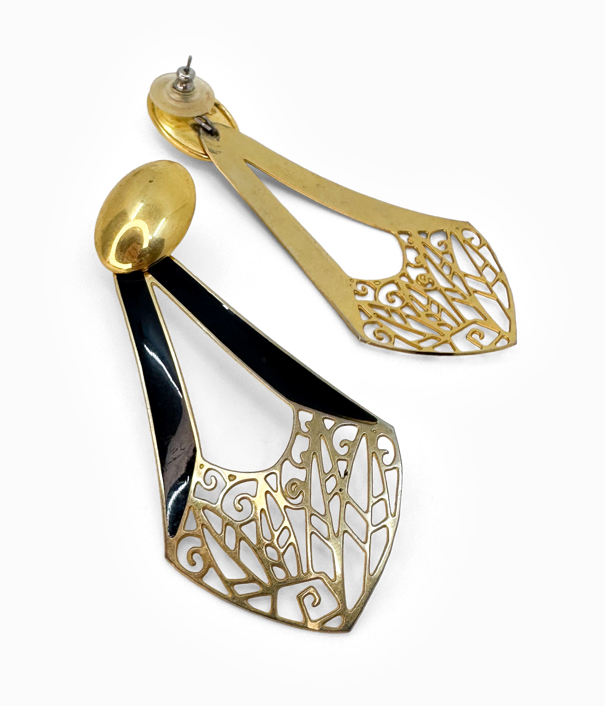 Vintage 90's Brass & Black Enamel With Pattern Earrings
