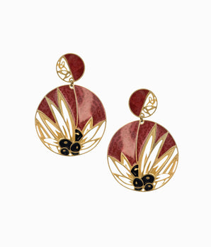 Vintage 80's Gold Tone Circle Earrings With Olive Branch Detail & Dark Coral Enamel