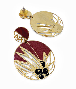 Vintage 80's Gold Tone Circle Earrings With Olive Branch Detail & Dark Coral Enamel