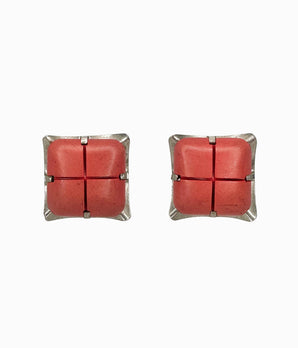 Vintage 80's Pillow Earrings with Coral Red Resin & Metal Base
