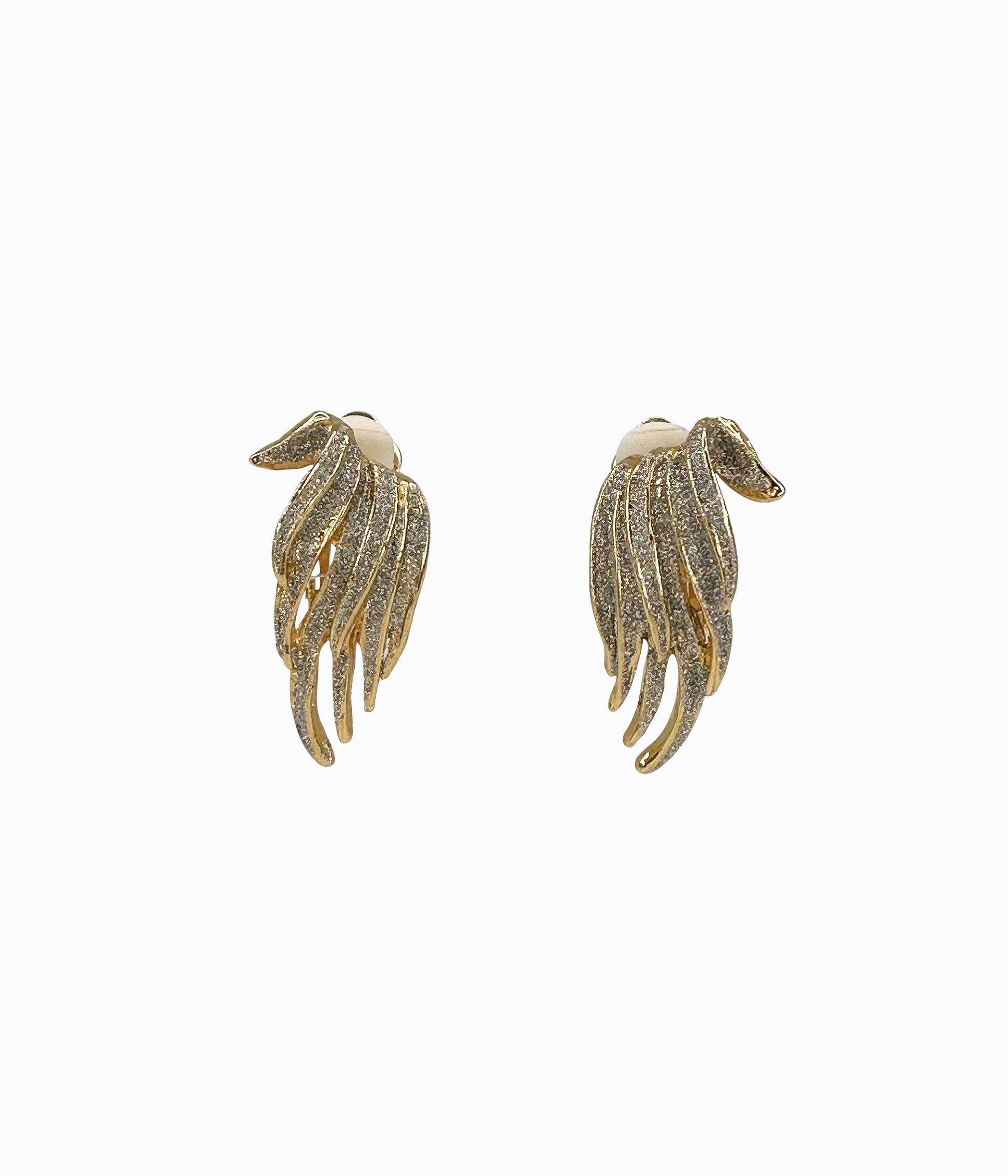 90's Vintage Gold Tone Wing Earrings with Silver Shimmer Detail