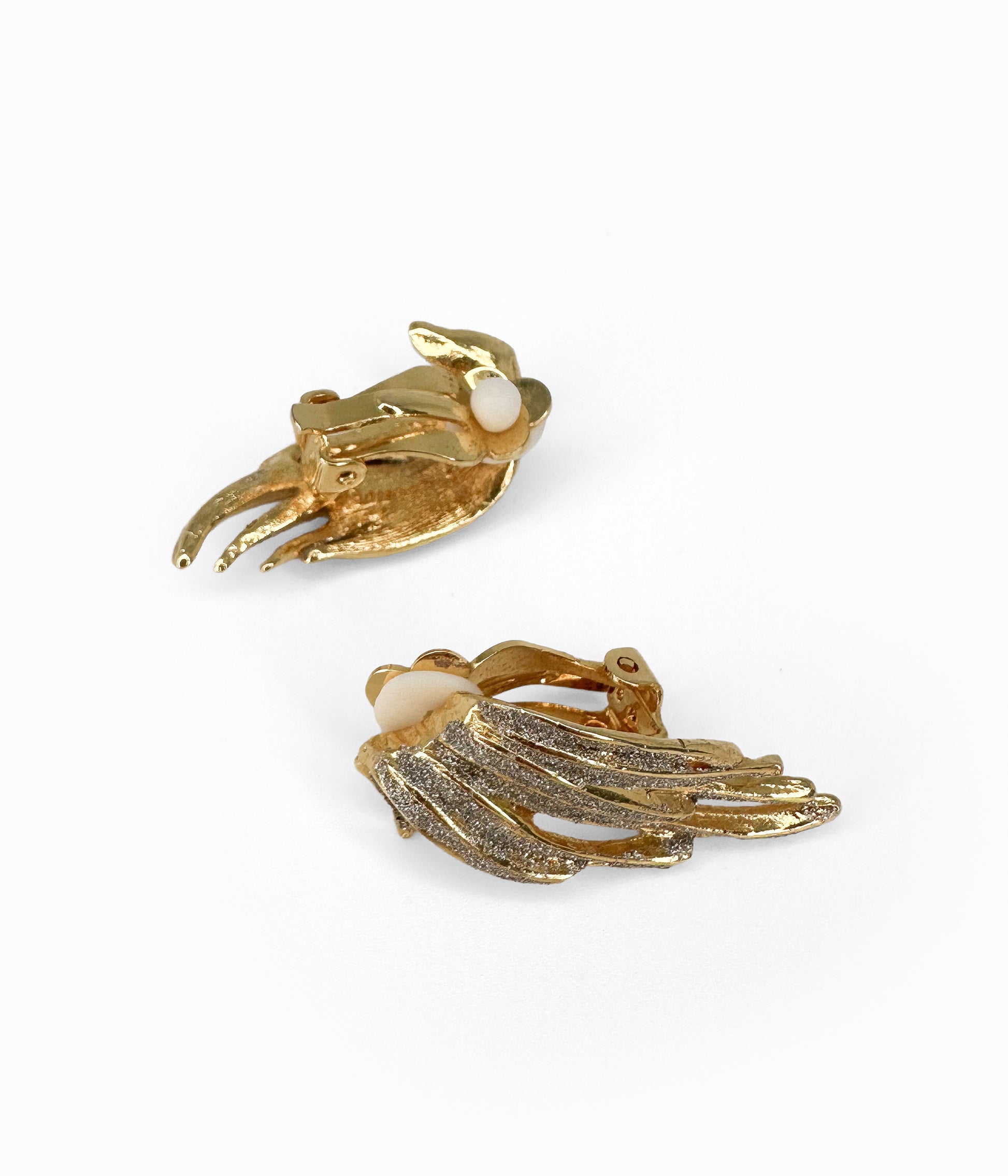 90's Vintage Gold Tone Wing Earrings with Silver Shimmer Detail