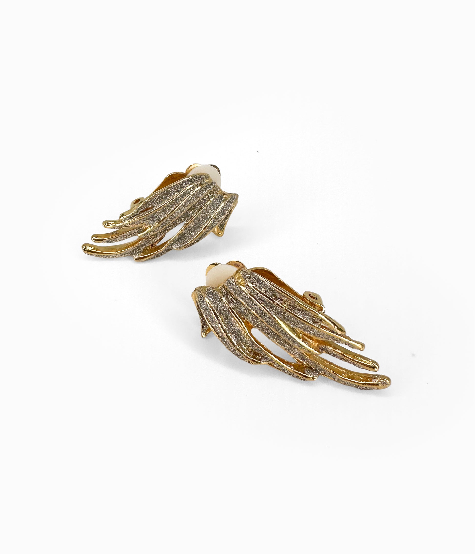 90's Vintage Gold Tone Wing Earrings with Silver Shimmer Detail