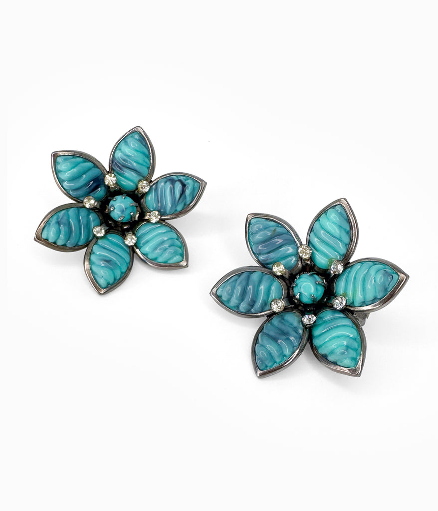 Vintage 60's Thermoset Plastic & Rhinestone Flower Earrings