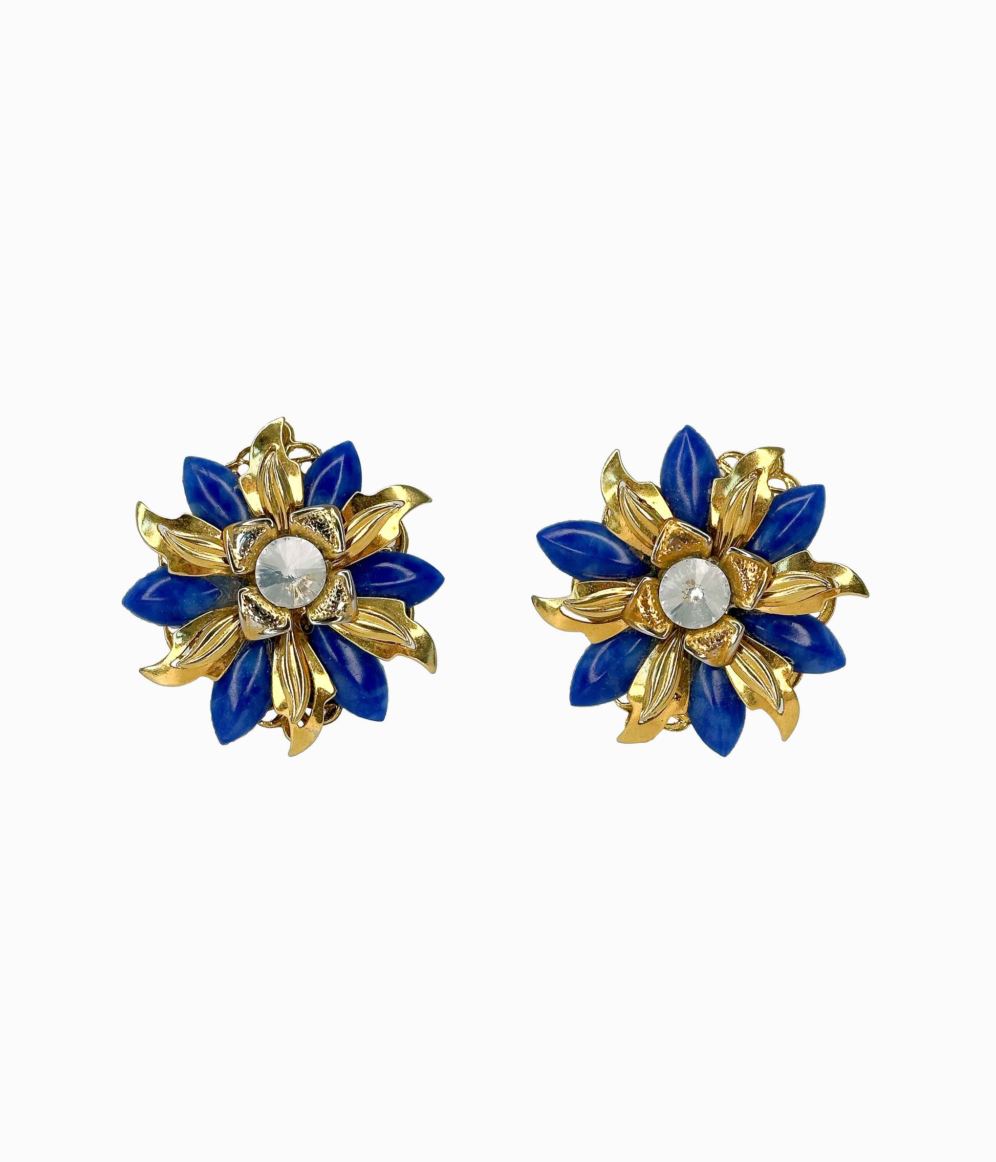 Vintage Flowers with Gold Tone, Blue Leaves and Rhinestones