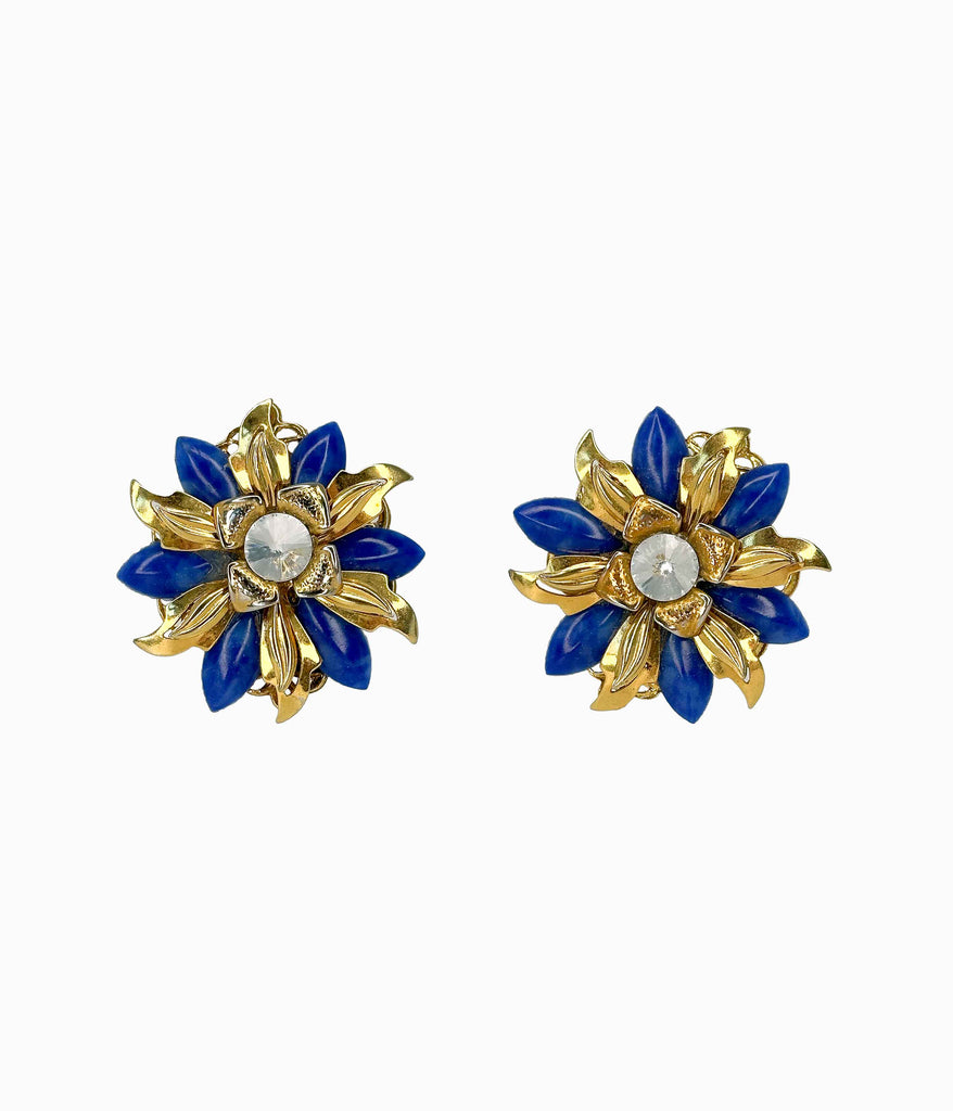 Vintage Flowers with Gold Tone, Blue Leaves and Rhinestones