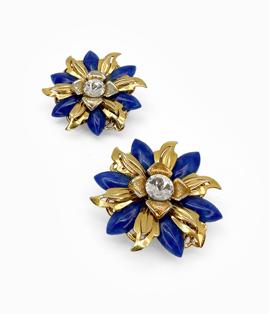 Vintage Flowers with Gold Tone, Blue Leaves and Rhinestones