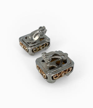 Vintage Faux Tortoise Shell Lucite Rectangular Earrings with Silver Tone Detail