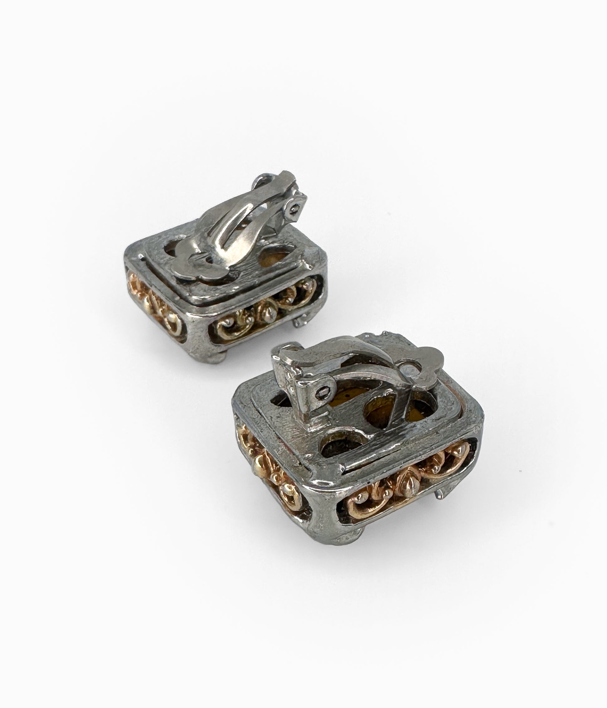 Vintage Faux Tortoise Shell Lucite Rectangular Earrings with Silver Tone Detail