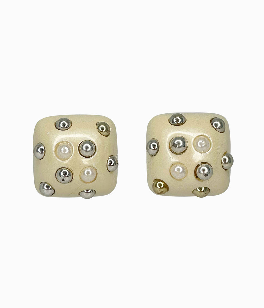 Vintage 70's Lucite Base Earrings with Faux Pearls & Silver Tone Metal Studs