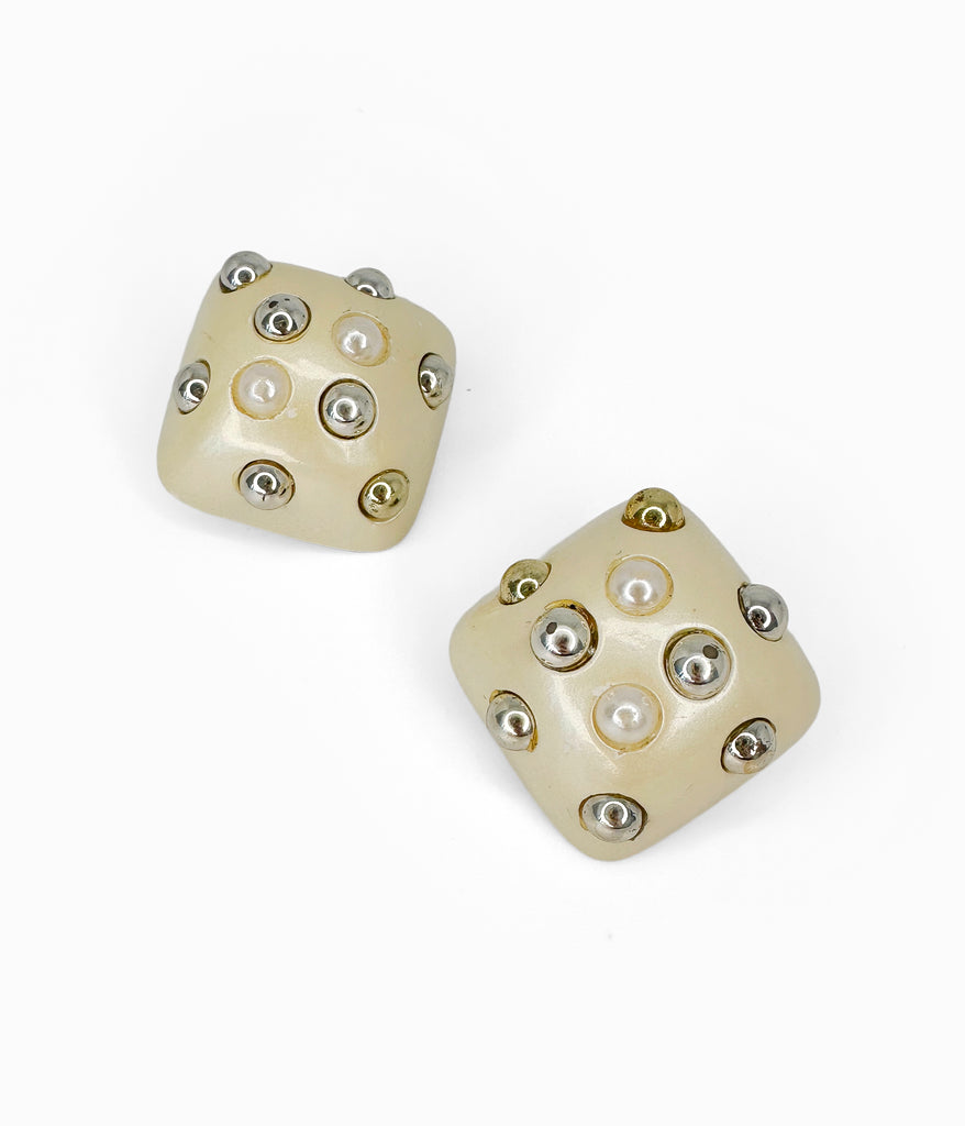 Vintage 70's Lucite Base Earrings with Faux Pearls & Silver Tone Metal Studs