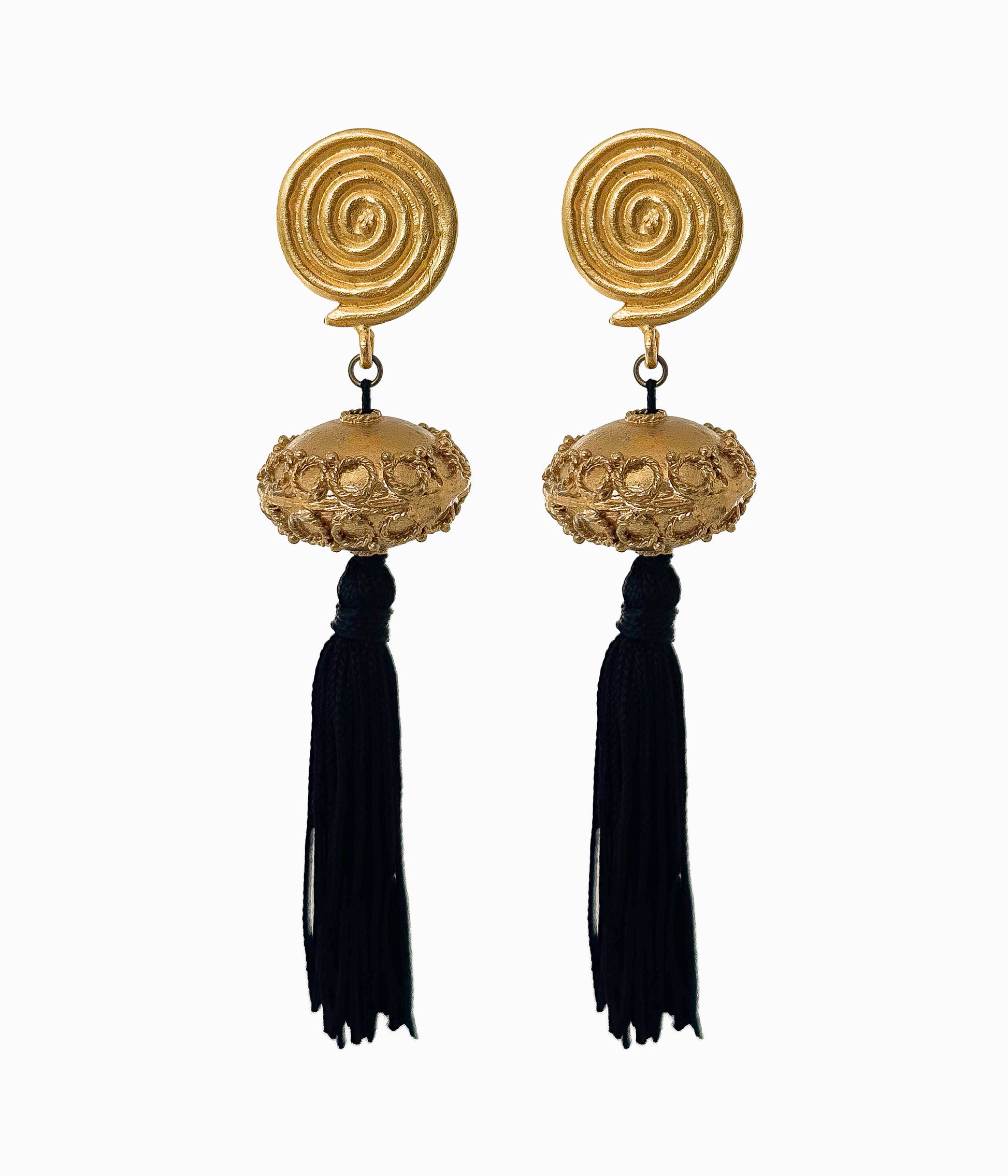 Vintage Oversized Gold Tone Black Silk Tassel Clip Earrings (Copy)