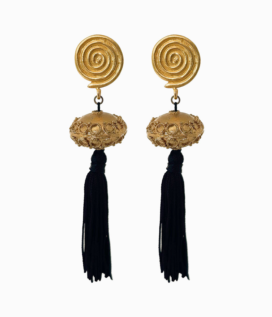 Vintage Oversized Gold Tone Black Silk Tassel Clip Earrings (Copy)