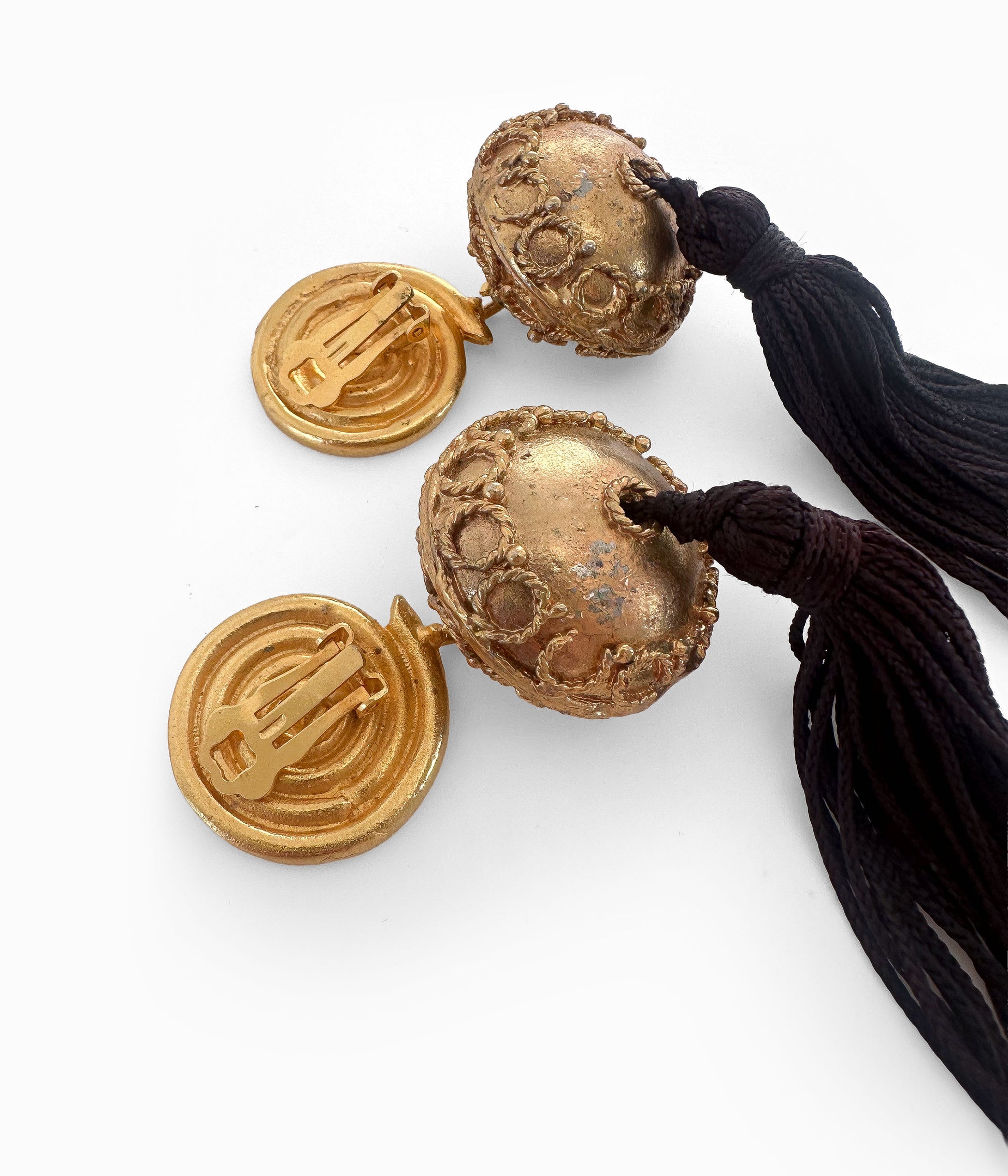 Vintage Oversized Gold Tone Black Silk Tassel Clip Earrings (Copy)