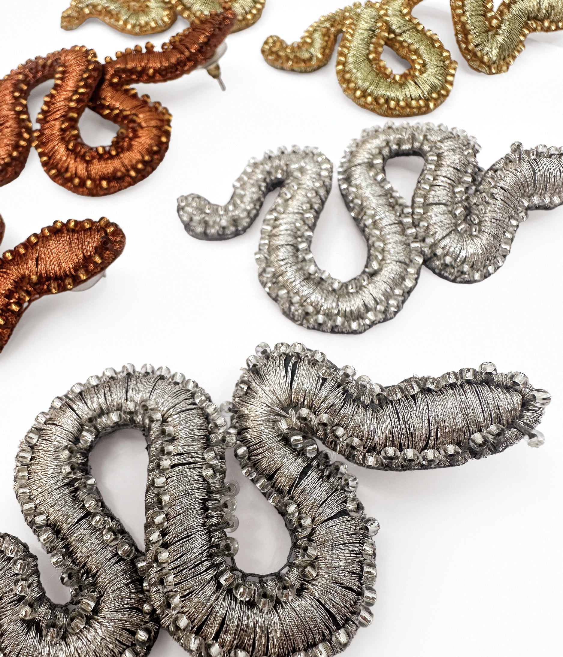 Beaded Silver Snake Earrings