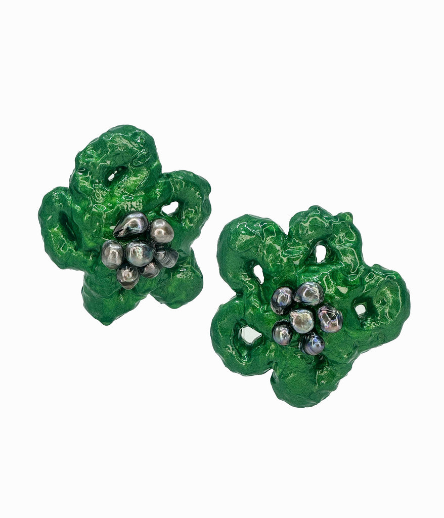 Big Green Fleur with Pearls Earrings