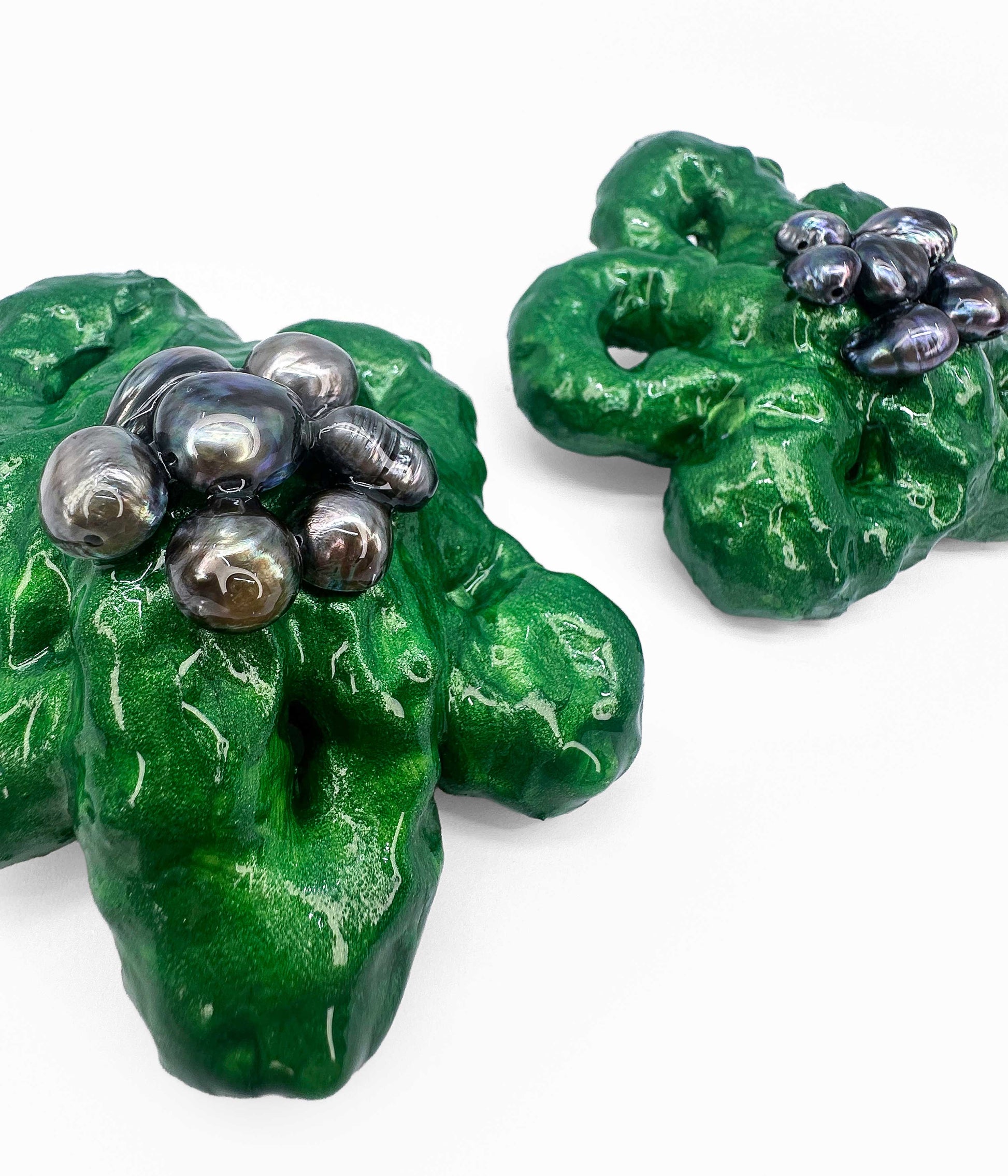 Big Green Fleur with Pearls Earrings