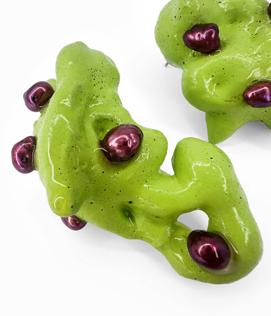 Lime Green Blobs with Purple Pearls Earrings
